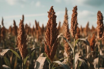 Detailed view of sorghum plant in field. Generative AI