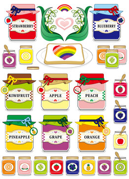 瓶ジャムと食パンとスズランのイラストカラフルデザイン「虹色幸せジャム」白背景（Jar jam Plain bread Lily of the valley illustration colorful design "rainbow color happiness jam" white background）