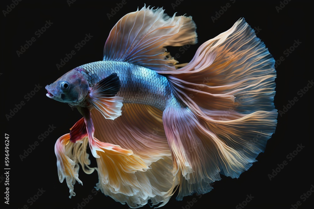 Sticker Isolated against a dark backdrop, a gorgeous betta fish swims sideways. Generative AI