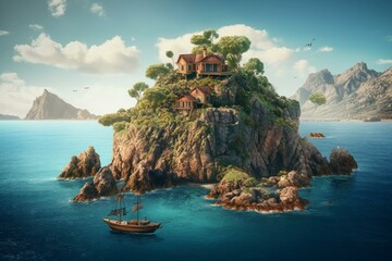 Adorable island in the sea, featuring a harbor. Ideal as a travel postcard or a children's room painting. Includes a mountainous backdrop. Generative AI
