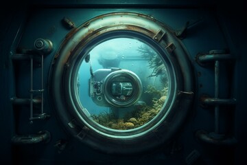 Underwater door with bubbly ship window. Generative AI