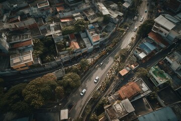 A bird's-eye view of a road surrounded by structures, vehicles, and vegetation. Generative AI