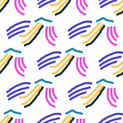 Seamless color pattern of linear doodle squiggles. The style of the 90s. Bright abstract design for background, banner, poster of various shapes. Vector illustration.