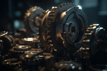 Close-up of metal gear wheels in 3D illustration. Generative AI