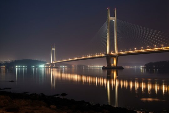 Cable bridge over Durgam Cheruvu Lake in Hyderabad, India. Generative AI