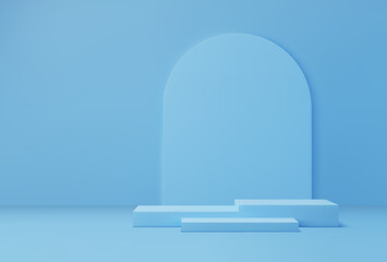 Light blue cosmetics podium. Fashion showcase space, exhibition gallery empty platform base or studio showroom, product presentation mock up 3d vector stand background with cubical podiums and arch