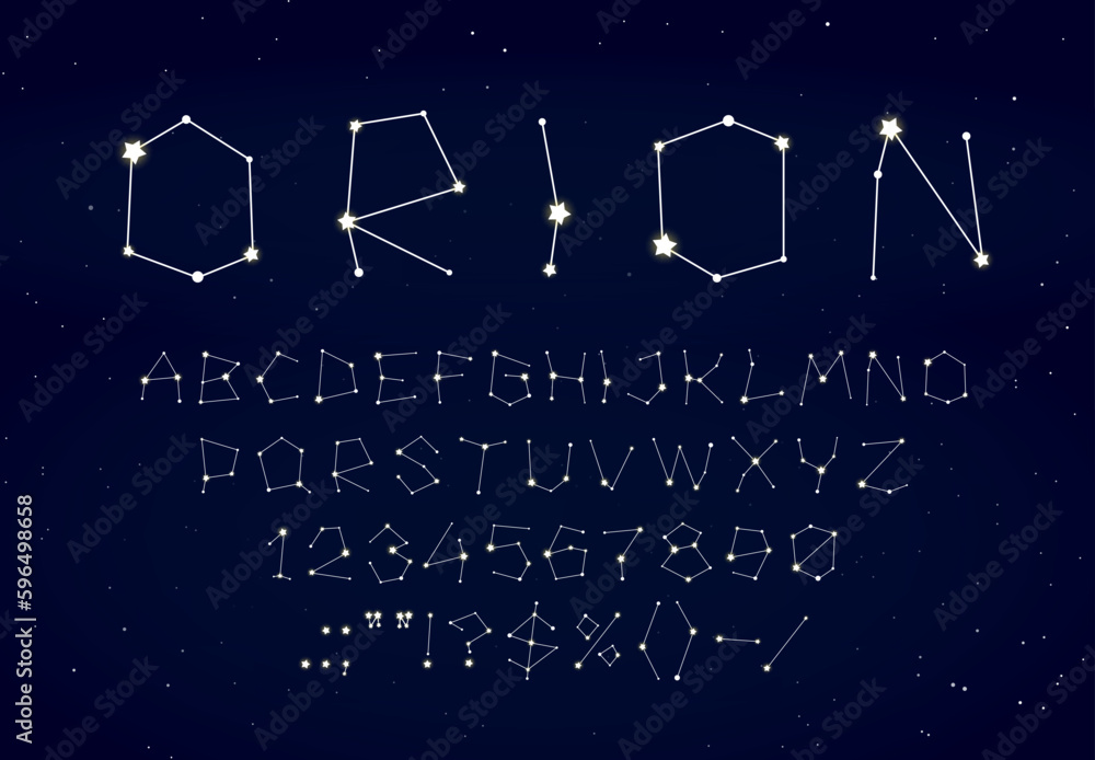 Fototapete star space font or type. starry constellation typeface, galaxy alphabet letters and numbers on night