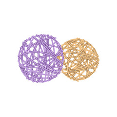 Wicker rattan balls, table and wedding party decoration. Vector sepak ball of lilac lavender and beige color, takraw handmade wicker decorative element