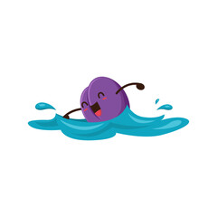 Prune fruit cartoon character swimming in sea on summertime beach vacation. Isolated vector humorous fresh plum personage having outdoor entertainment and rest at basking in ocean breeze and swim
