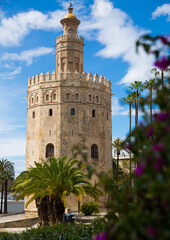 Fototapeta na wymiar View of Tower of gold (Torre del Oro) in Spanish city of Seville in sunny spring day