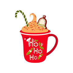 Christmas eggnog drink, whipped chocolate cream with cookies. Vector mug with poinsettia and ho ho print, cup of winter holiday beverage