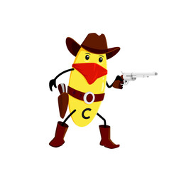 Cartoon vitamin C, Wild West robber bandit character in cowboy hat, vector Western robber. Funny vitamin C bandit with kerchief mask and shotgun or handgun, kids multivitamin cartoon mascot