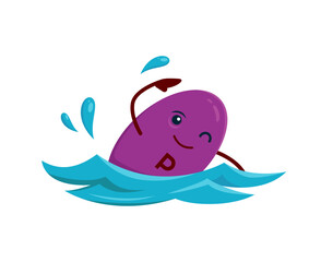 Cartoon vitamin P swimming character. Vitamin capsule, healthy nutrition mineral pill or micronutrient dragee cheerful vector mascot. Food supplement funny personage swimming in ocean on vacation