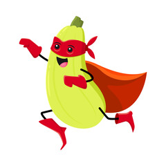 Cartoon squash super hero vegetable character. Isolated vector funny veggies in red superhero cloak and mask flying with raised with arm. Fairytale or comics book healthy vitamin food personage