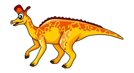 Cartoon lambeosaurus dinosaur character. Isolated vector herbivorous hadrosaur dino that lived in North America during the Cretaceous Period. Paleontology wildlife creature with yellow skin and crest