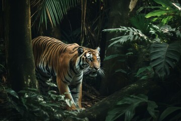 Fototapeta na wymiar A wild Malaysian tiger stalking its prey in the jungle. Generative AI