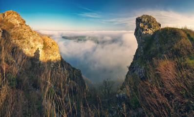 fog in the canyon. Autumn morning in the Dnister river valley. Nature of Ukraine
