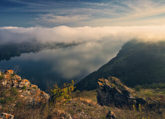 fog in the canyon. Autumn morning in the Dnister river valley. Nature of Ukraine