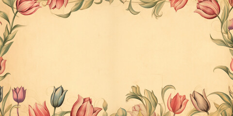 tulip border floral frame, vintage parchment background for copy space, design, paper, card
