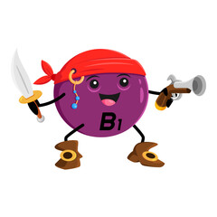 Cartoon vitamin B1 corsair, Thiamine micronutrient pirate character pill dressed up as a adventurous sailor sea dog with saber and gun in hands. Medication supplement capsule in filibuster costume