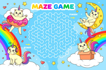 Labyrinth maze. Help to cute caticorn cat find a friends on sky. Kids find way quiz, labyrinth game riddle vector worksheet with playful fantasy cats characters listening music, sitting in box