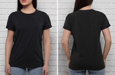 Woman wearing black t-shirt near white brick wall, back and front view. Mockup for design