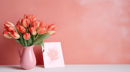 pink tulips in vase on table Mother's day mockup