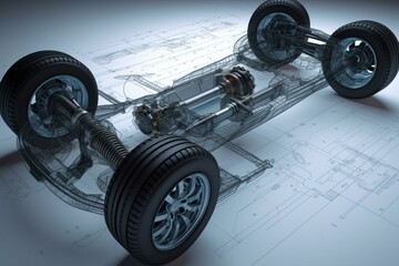 Naklejka na ściany i meble Isometric CAD model of car suspension upright with Von Mises stress on top of technical drawing. Generative AI