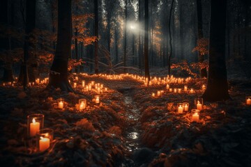 Forest illuminated by candles ablaze. Generative AI