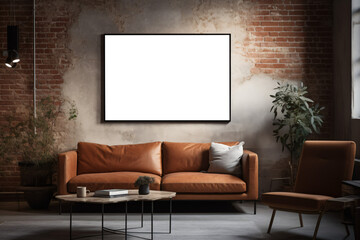 modern living room with sofa, poster mockup, brick wall, industrial design, 