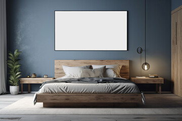 interior of a bedroom, poster mockup, modern design, blue and grey tones, 