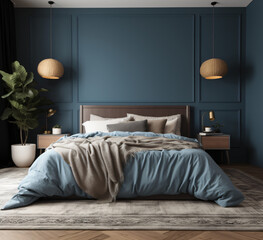 bedroom with bed, poster mockup