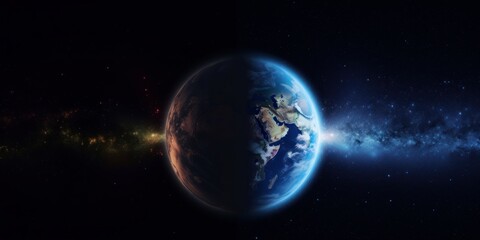Fototapeta na wymiar Planet Earth on starry space background, day and night transition.