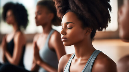 Obraz premium Yoga group concept. Group of Yogi black women meditating together, sitting back to back on windows background, copy space, digital ai