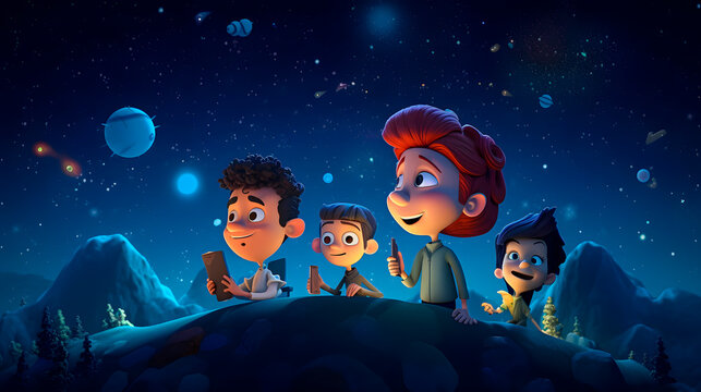 Discover the universe in a whole new light with a charming and amusing 3D image of cartoon astronomers gazing up at the stars and sharing jokes and laughter. Generative AI