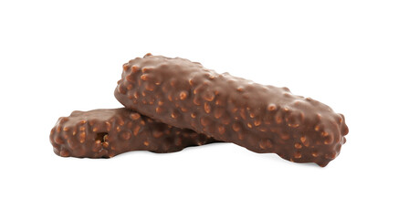 Two tasty chocolate bars on white background