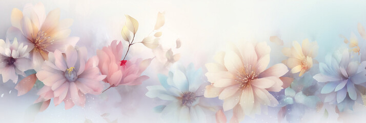 pastel light background with flowers for spring greeting card, Generative AI