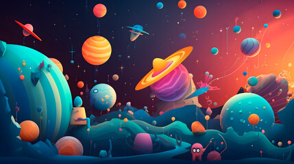Naklejka premium Take a break from reality and immerse yourself in a whimsical cartoon world, where the sky is always full of wonders and astronomical objects. Generative AI