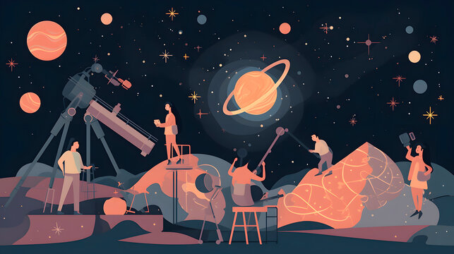 Join the fun with a group of friendly cartoon astronomers as they celebrate Astronomy Day under a starry night sky. Generative AI