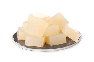 Many agar-agar jelly cubes on white background