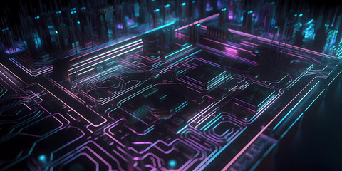 Electronic circuit board with processor, futuristic neon lighting