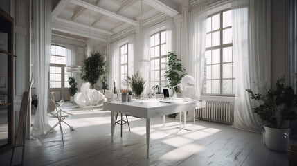 Obraz premium Bringing the Outdoors In: A Refreshing and Serene White Office Space with Lush Green Plants