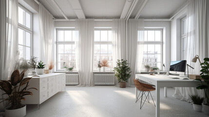 Fototapeta na wymiar Bringing the Outdoors In: A Refreshing and Serene White Office Space with Lush Green Plants