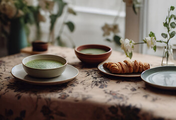 matcha latte and vegan croissant created with Generative AI technology
