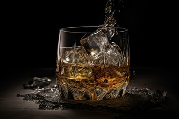 Alcoholic beverage made from distilled grains and served chilled with frozen water. Whisky on the rocks. Generative AI