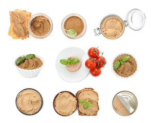 Collage with different tasty pates on white background