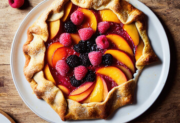 Vegan Peach and Raspberry Pie created with Generative AI technology