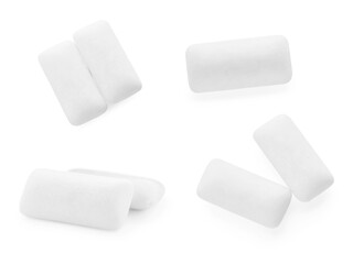 Collage with chewing gum pads on white background