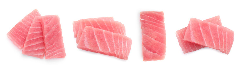 Collage with fresh tuna sashimi isolated on white, top view