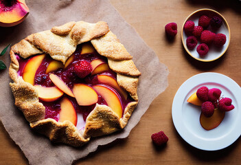 Vegan Peach and Raspberry Galette created with Generative AI technology